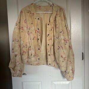 Free People Beige Floral Bomber Jacket